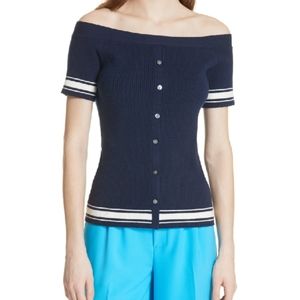 Frame Knit Blue White Striped Off The Shoulder Sweater NWT